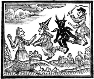 Witches and devils riding brooms