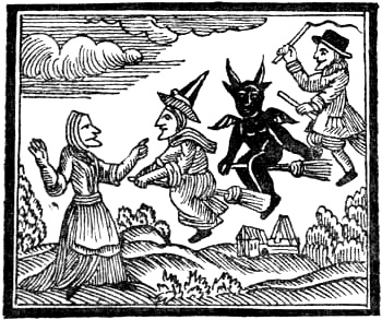 A woodcut print of witches and devils riding brooms