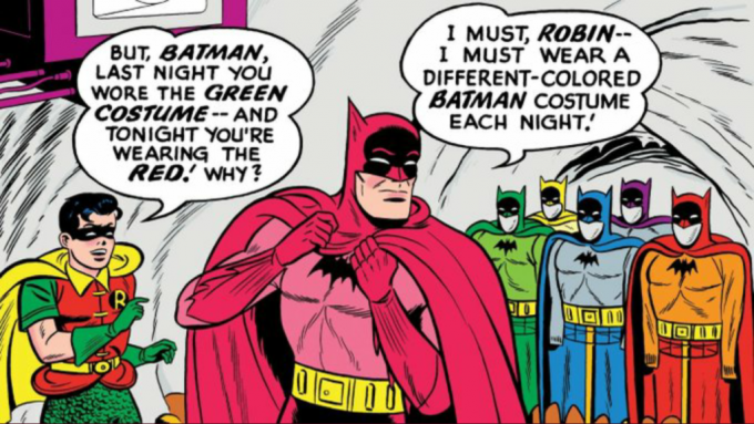 Batman with different colored costumes